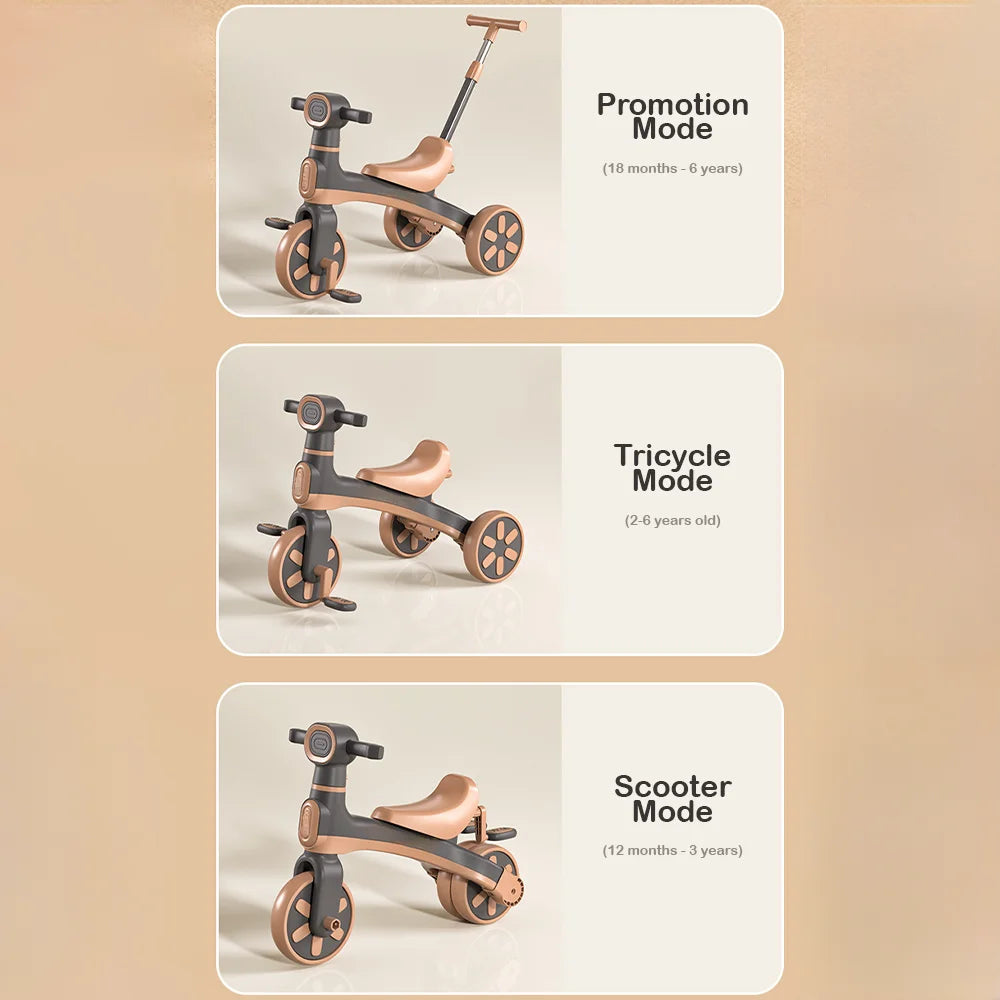 Kids Pedal Tricycle Balance Bike Baby Bicycle with Push Handle Music Walker Toy Toddler Training Ride-On with 3 Safety Wheels