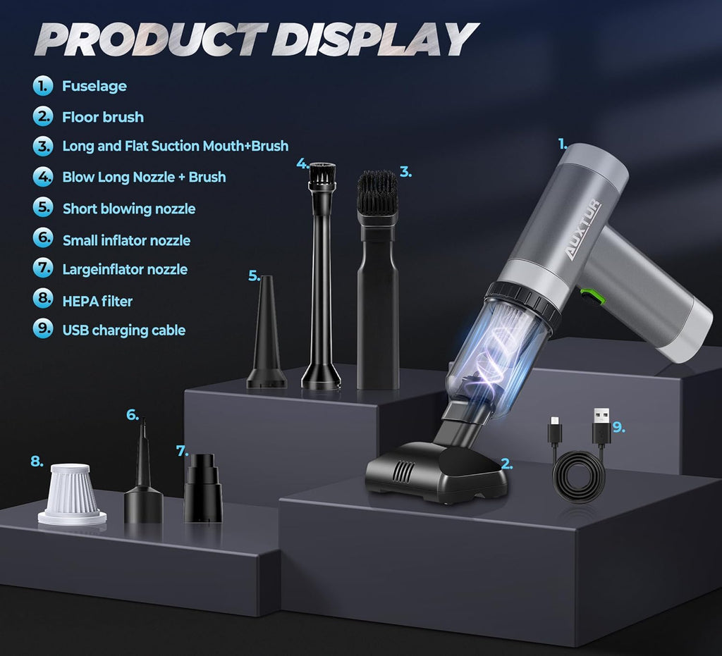 Portable Cordless Mini Computer Vacuum Cleaner with Brushless Motor, 12000PA Suction Power, 3-in-1 Wireless Handheld Design, Rechargeable (Grey)