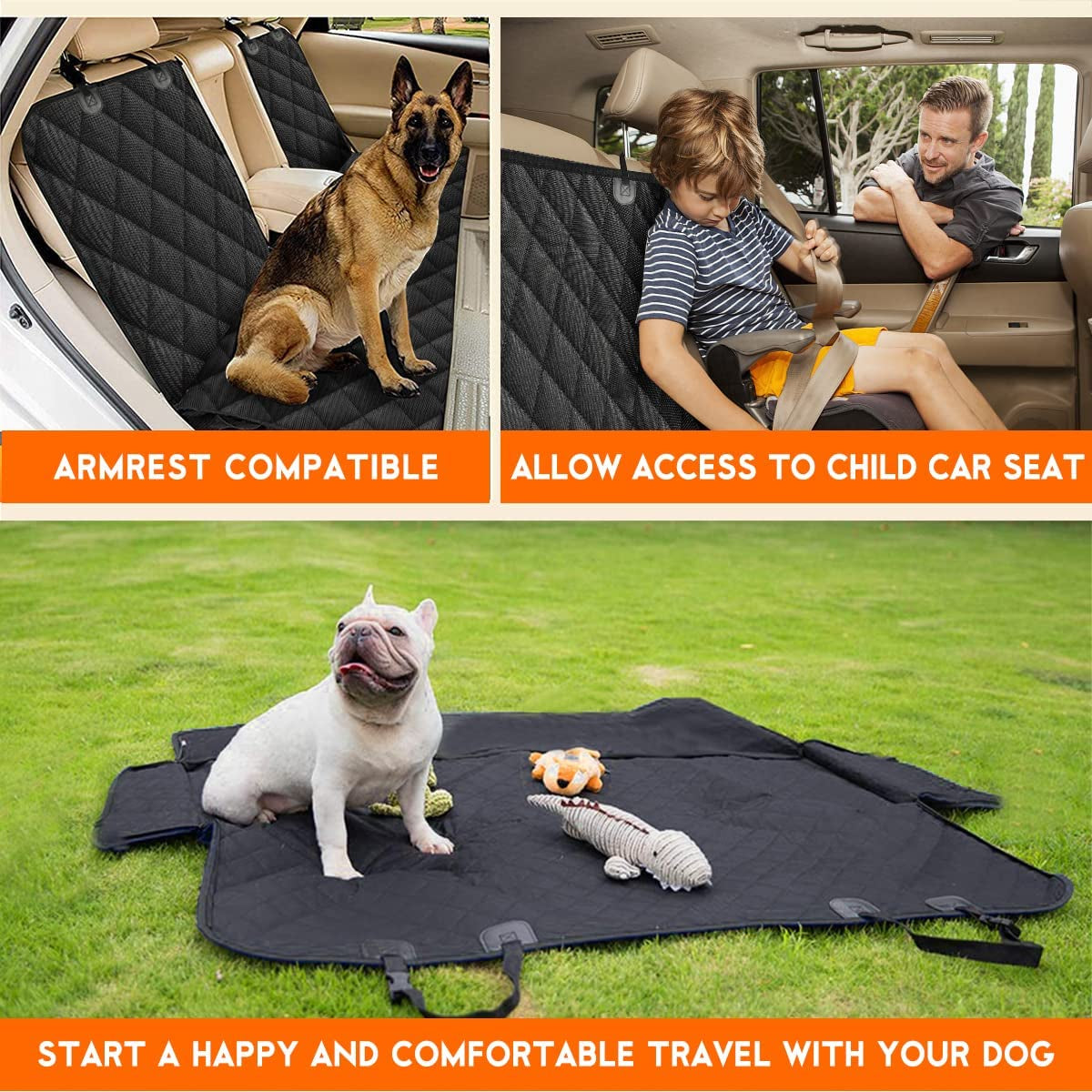 Dog Car Seat Cover - Waterproof Back Seat Protector for Pets with Non-Slip Design and Middle Armrest Compatibility for Most Vehicles - Black