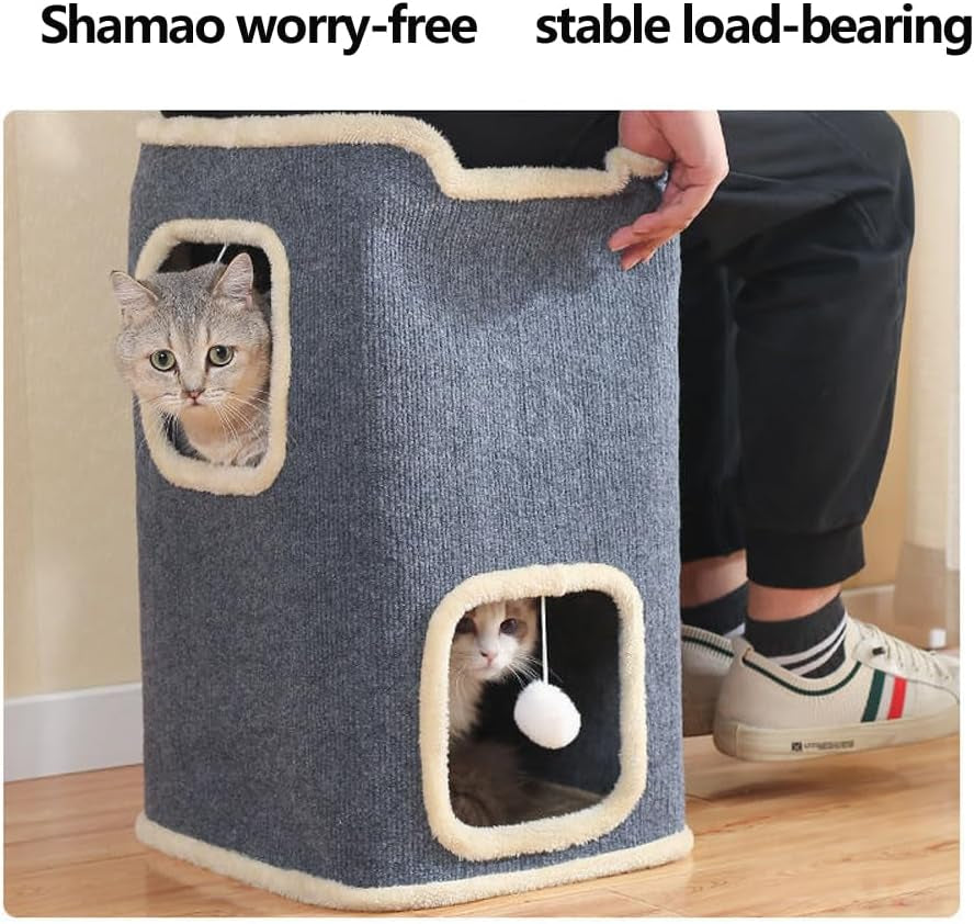 2-Storey Cat House for Indoor Cats Bed Cube, Covered Cat Cave Beds Furniture with Ball Hanging, Modern Cat Hideout Condos for Multi Pet Large Kitten, Grey