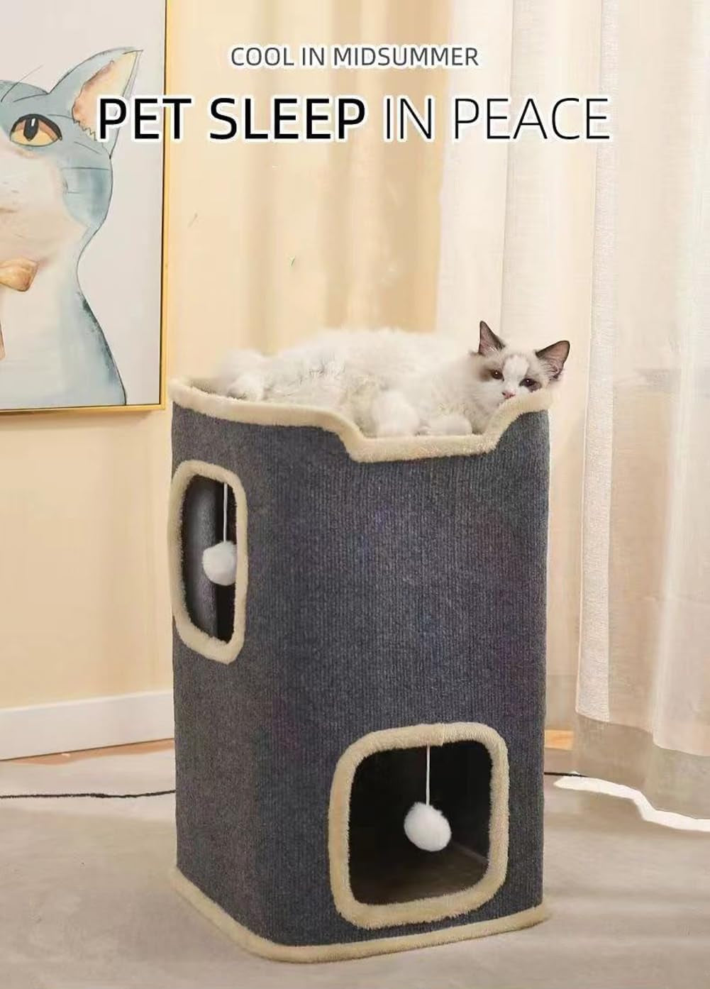 2-Storey Cat House for Indoor Cats Bed Cube, Covered Cat Cave Beds Furniture with Ball Hanging, Modern Cat Hideout Condos for Multi Pet Large Kitten, Grey