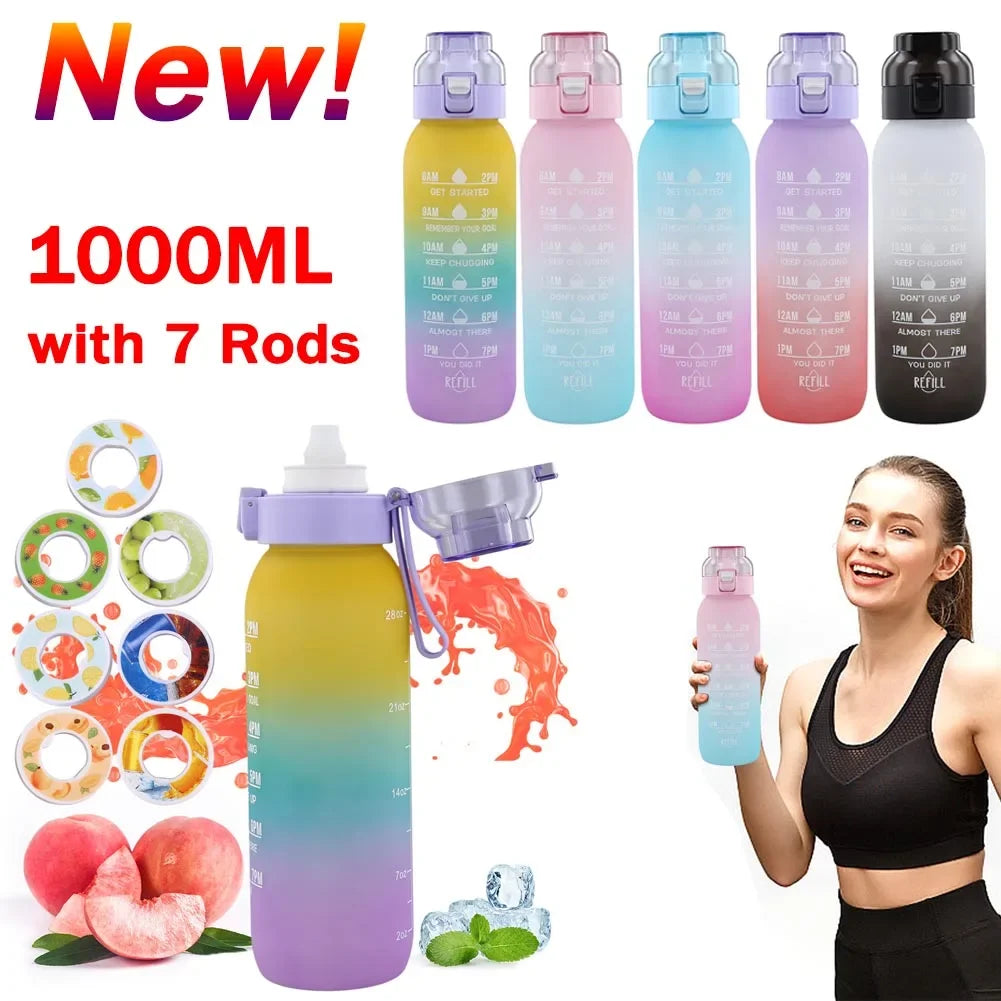 1000ML Air Flavored Water Bottle Sports Scented Water Bottle 0 Sugar Flavors Ring Water Cup with 7 Flavor Rods for Outdoor