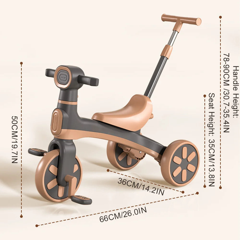 Kids Pedal Tricycle Balance Bike Baby Bicycle with Push Handle Music Walker Toy Toddler Training Ride-On with 3 Safety Wheels