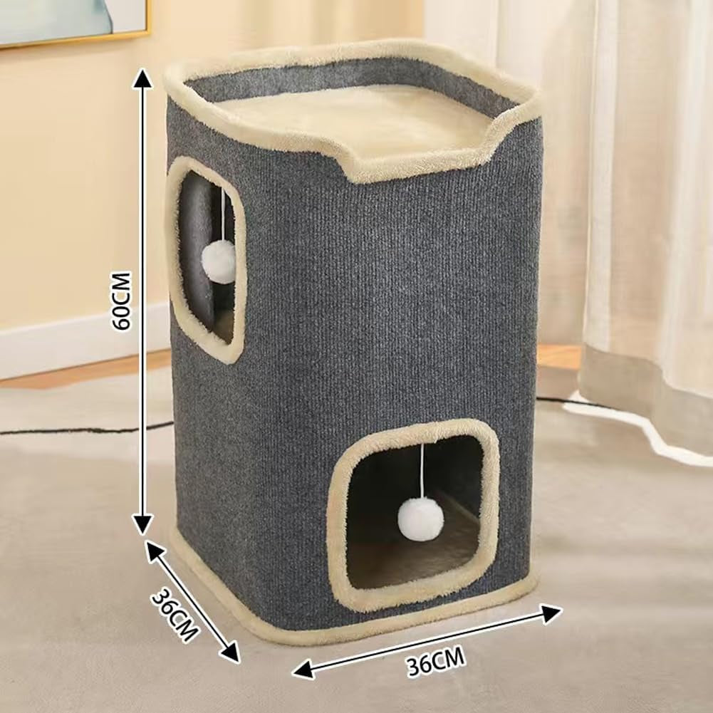 2-Storey Cat House for Indoor Cats Bed Cube, Covered Cat Cave Beds Furniture with Ball Hanging, Modern Cat Hideout Condos for Multi Pet Large Kitten, Grey