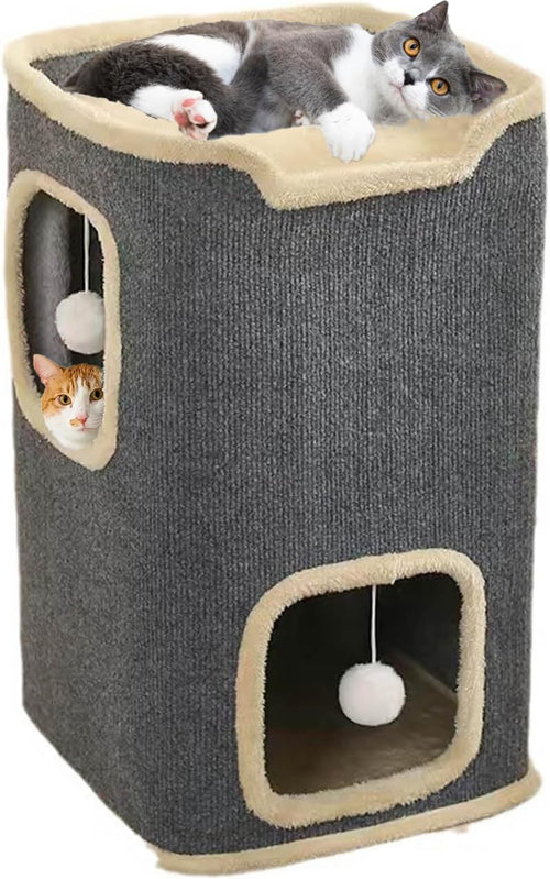 2-Storey Cat House for Indoor Cats Bed Cube, Covered Cat Cave Beds Furniture with Ball Hanging, Modern Cat Hideout Condos for Multi Pet Large Kitten, Grey