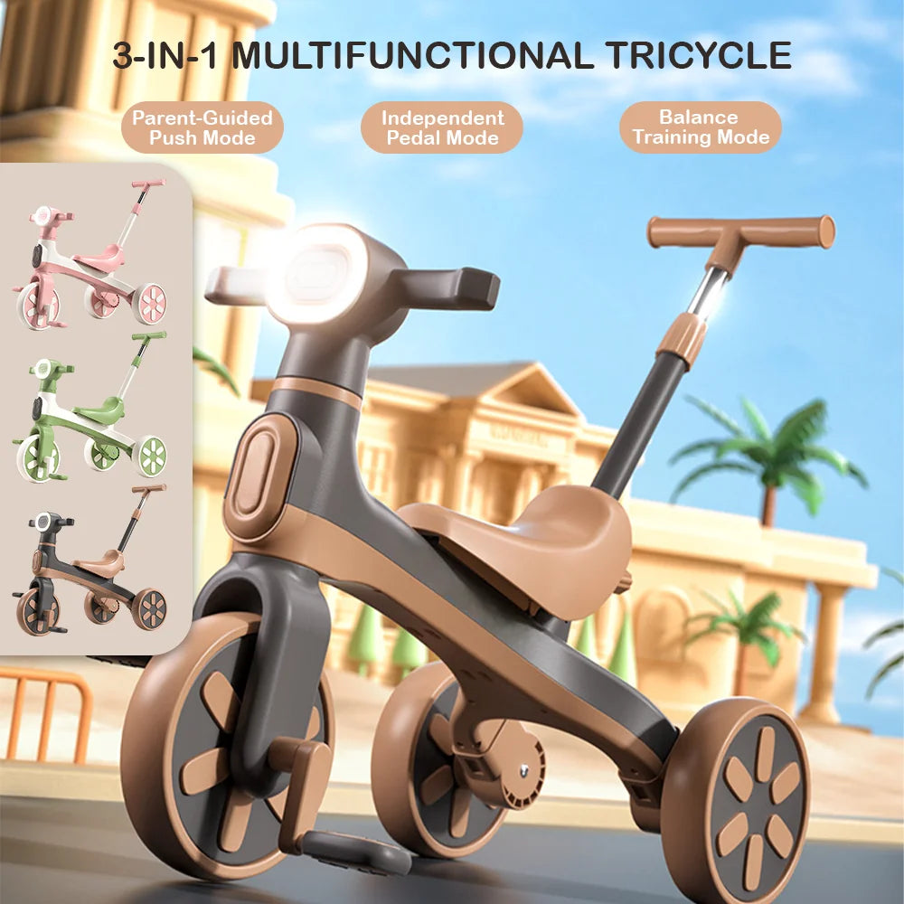 Kids Pedal Tricycle Balance Bike Baby Bicycle with Push Handle Music Walker Toy Toddler Training Ride-On with 3 Safety Wheels