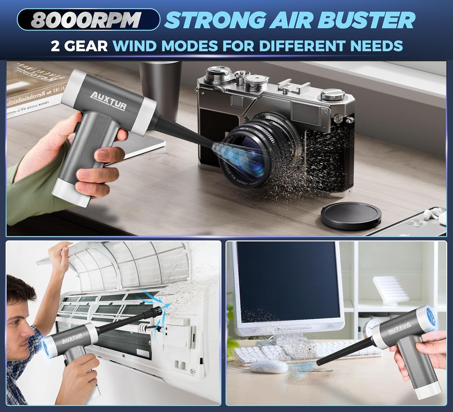 Portable Cordless Mini Computer Vacuum Cleaner with Brushless Motor, 12000PA Suction Power, 3-in-1 Wireless Handheld Design, Rechargeable (Grey)