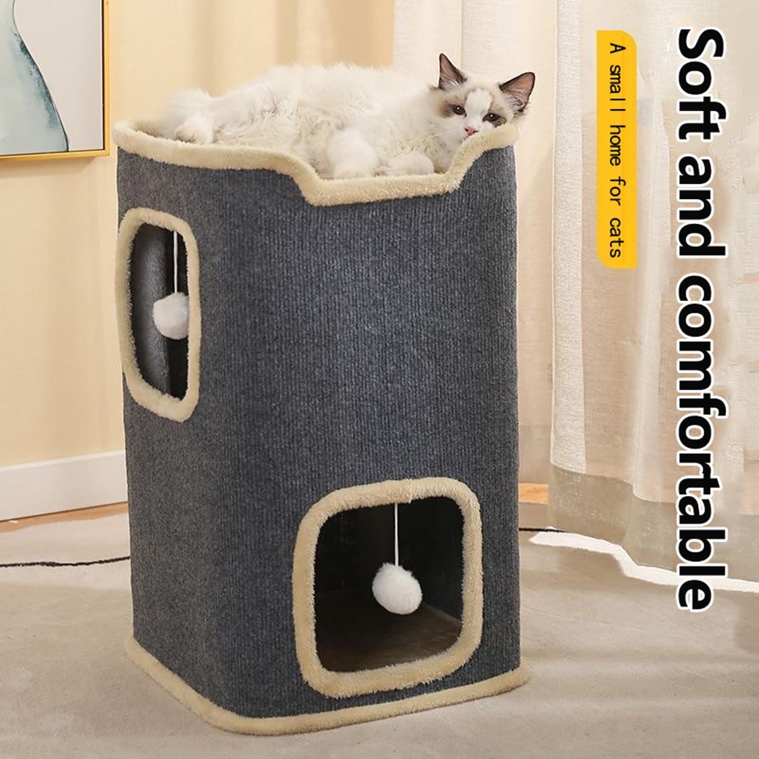 2-Storey Cat House for Indoor Cats Bed Cube, Covered Cat Cave Beds Furniture with Ball Hanging, Modern Cat Hideout Condos for Multi Pet Large Kitten, Grey